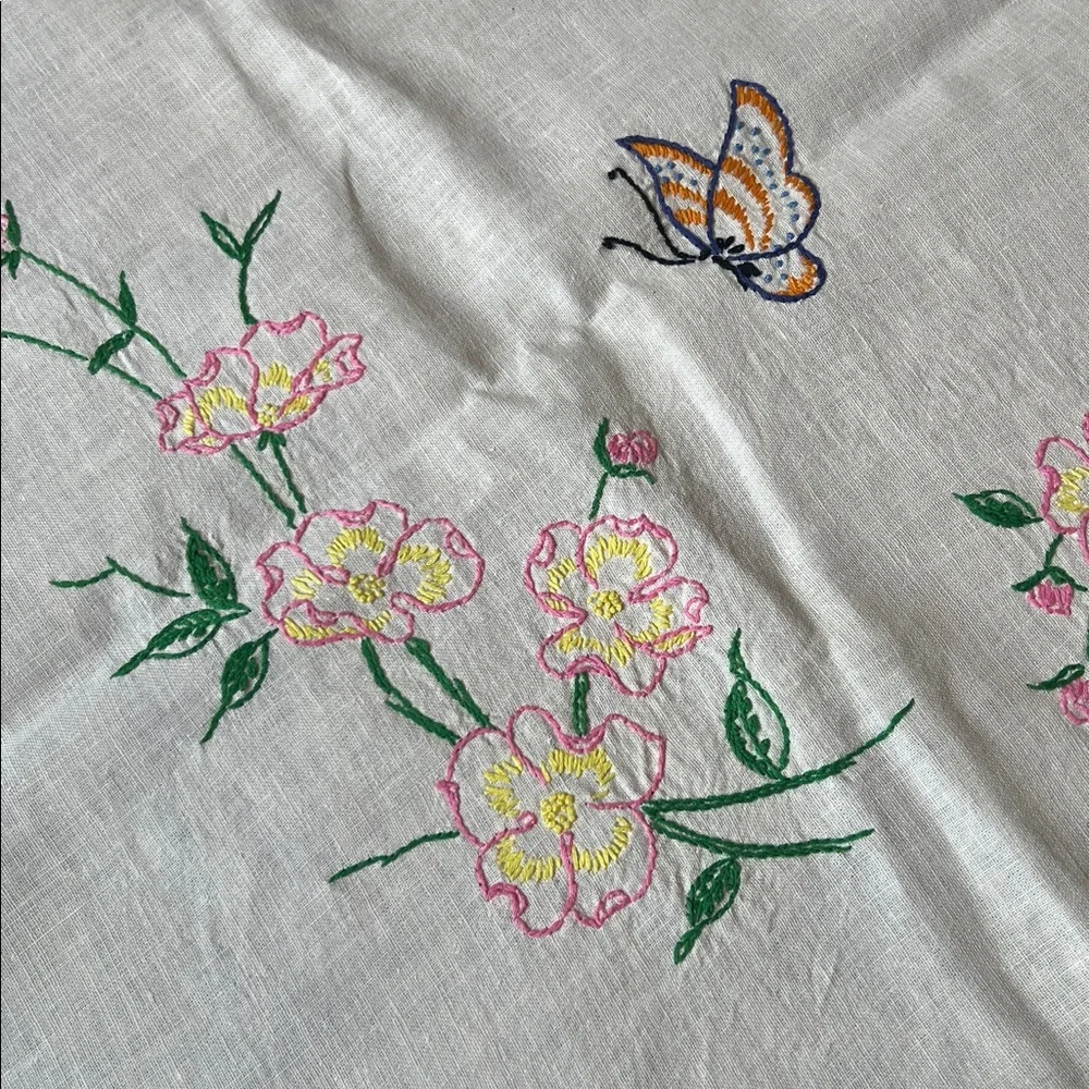 Vintage square embroidered table cloth, likely to be for a card table 38” X 39”